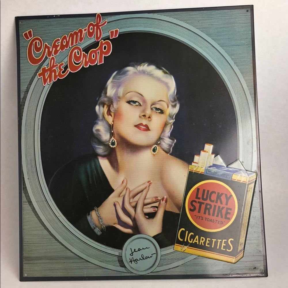 Vintage Jean Harlow aluminum lucky strike sign